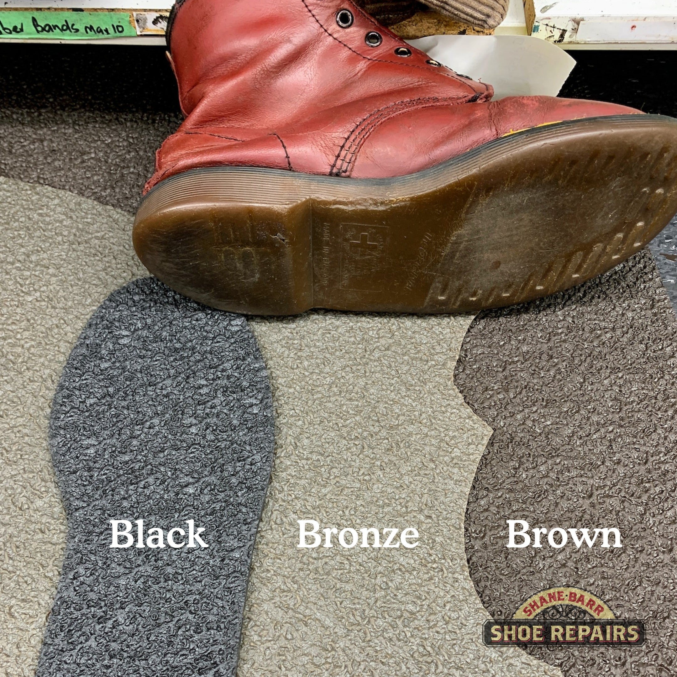 Cherry-Dr-Martens-Darkish-soles-Black-Bronze-and-Brown-soling-sample-at-Shane-Barr-Shoe-Repairs