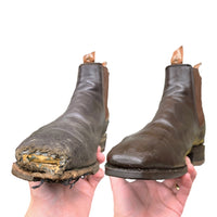 Brown RM Williams Boots with damaged leather from a dog chew. Showing before and after the repair.