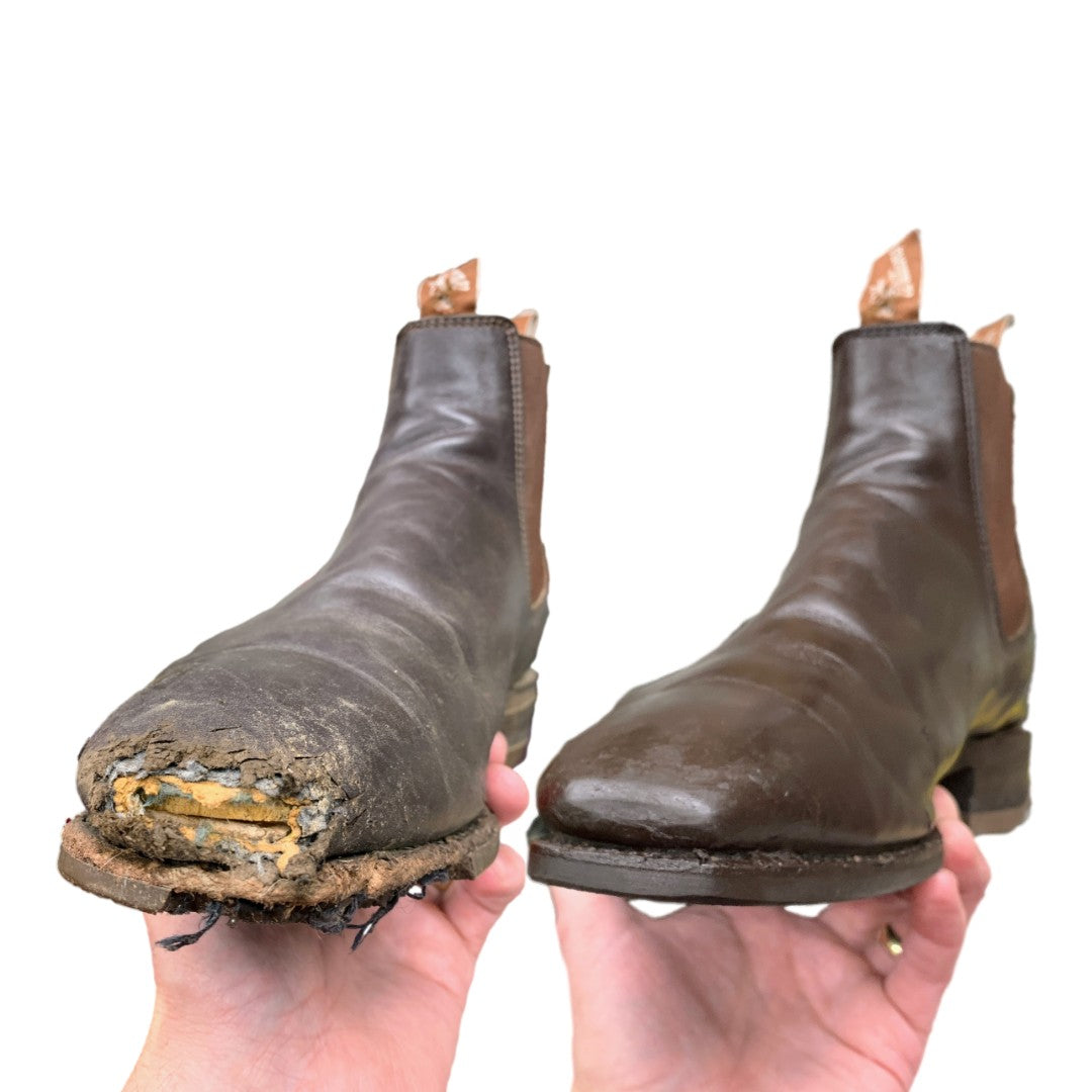 Brown-RM-Williams-Boots-with-damaged-leather-from-a-dog-chew.-Showing-before-and-after-the-repair