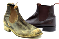 Brown RM Williams boots before and after soles, heels and a polish