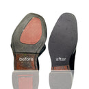 Dynamicx R.M. Williams boot with a broken sole vs a repaired sole. On a white background.