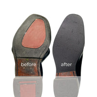 Dynamicx R.M. Williams boot with a broken sole vs a repaired sole. On a white background.