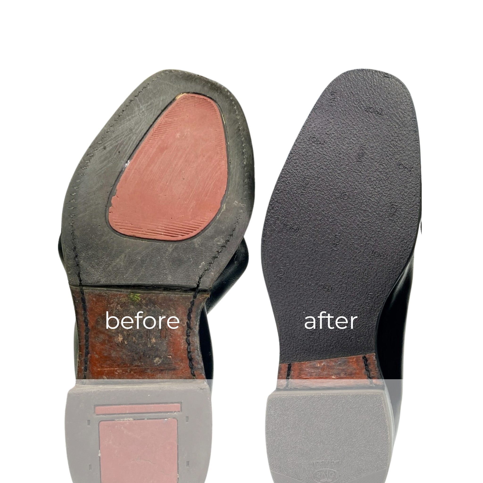 Dynamicx R.M. Williams boot with a broken sole vs a repaired sole. On a white background.